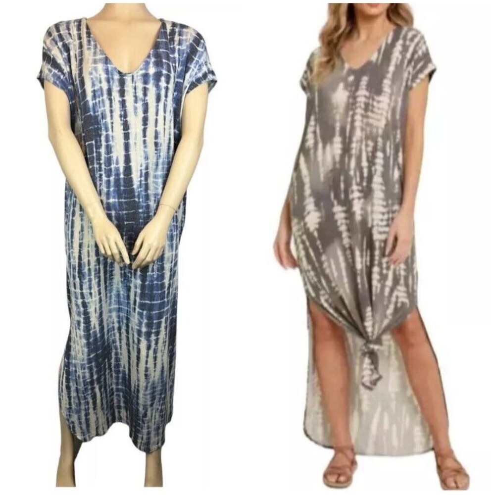 Bluivy Super Soft Blue Tie-Dyed Stretch-Terry Knit Maxi Dress Size L Beachy